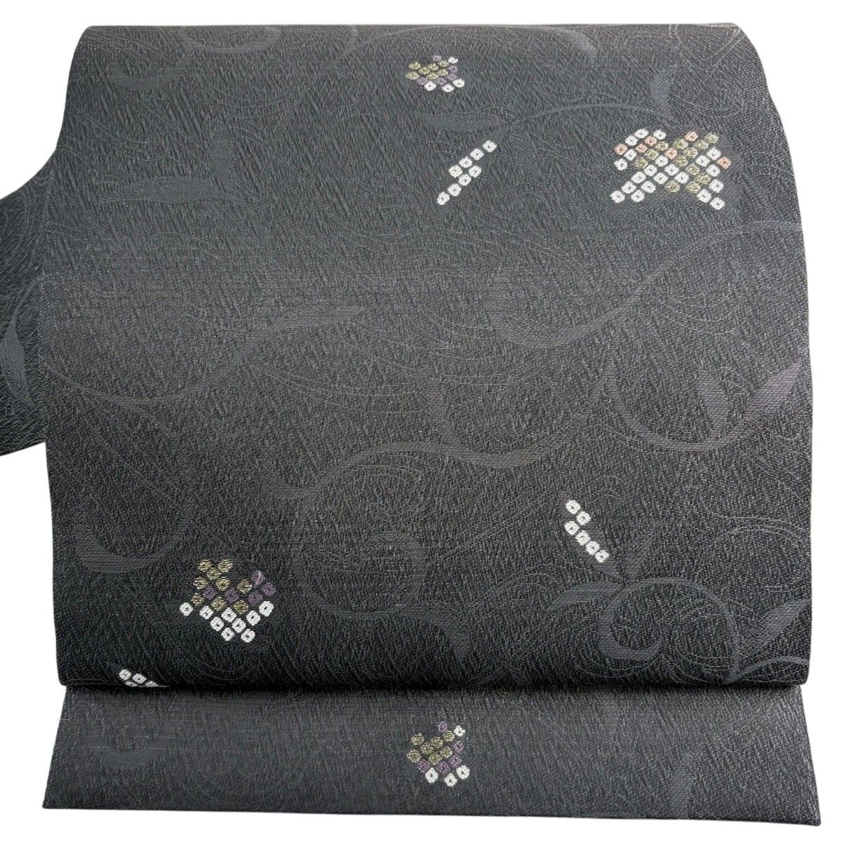 美品】 名古屋帯 秀品 夏帯 花唐草 金銀糸 黒灰 正絹 【中古