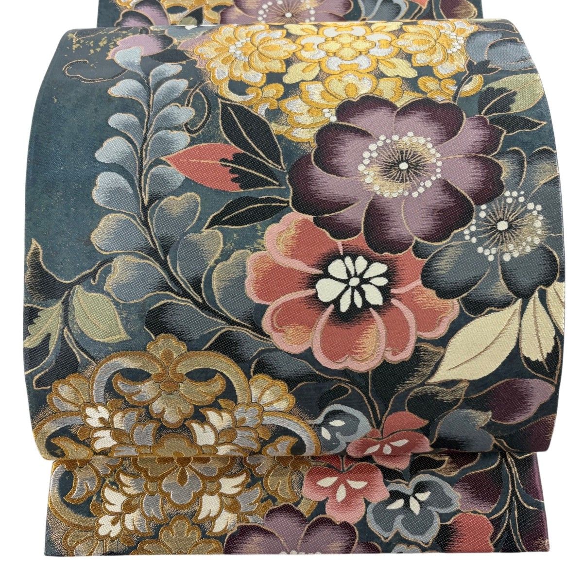 美品】 袋帯 秀品 草花 華文 金銀糸 箔 青緑 六通 正絹 【中古 美品】 袋帯 秀品 草花 華文 金銀糸 箔 青緑 六通 正絹 【中古