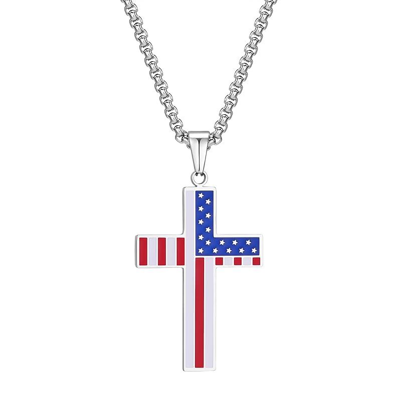 新品】 [Rockyu] ネックレス メンズ 十字架 アメリカ国旗 ステンレス 