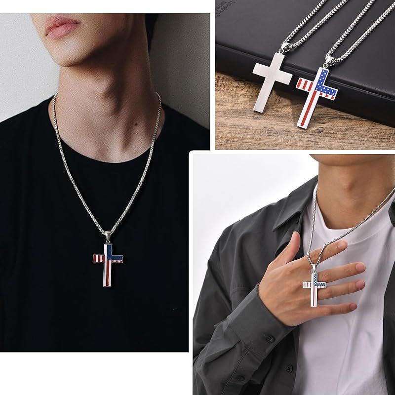 新品】 [Rockyu] ネックレス メンズ 十字架 アメリカ国旗 ステンレス 