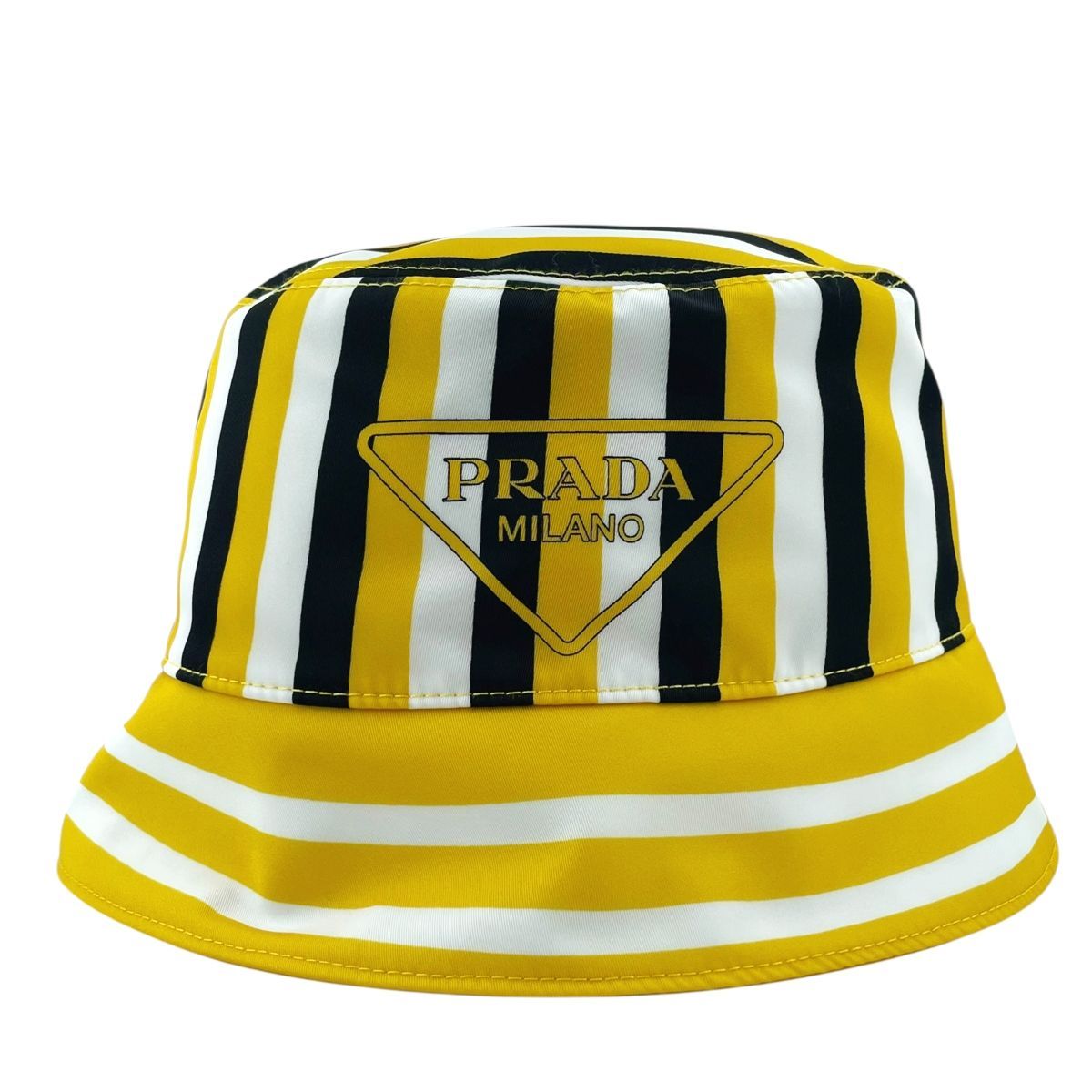 【中古】 PRADA プラダ ストライプ バケットハット  サイズM イエロー 1HC137 ナイロン RE-NYLON トライアングルロゴ ハット 帽子 メンズ  26002179 HO 中古】 PRADA プラダ ストライプ バケットハット サイズM イエロー