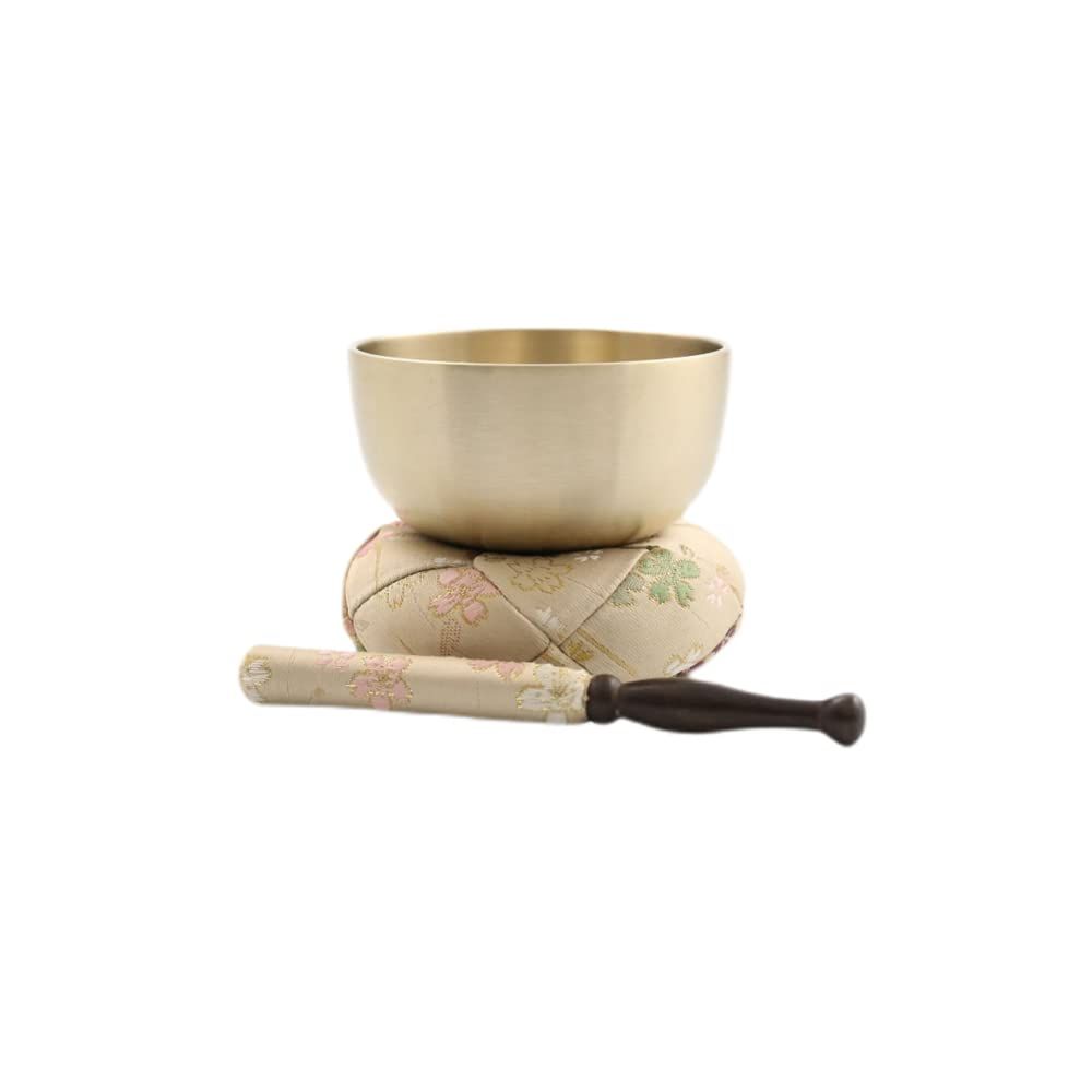 新品 京仏壇はやし 国産 おりんセット さくら柄 美桜りん 丸布団 セット ２寸 (直径6cm) ベージュ 【仏具拭きミニクロス付】 おリン＋リン棒＋布団 仏具 おりん かわいい