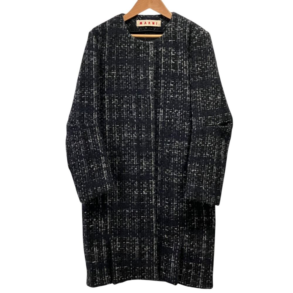 美品 MARNI マルニ ノーカラー ツイードコート ブラック 40 美品 MARNI マルニ ノーカラー ツイードコート ブラック 40