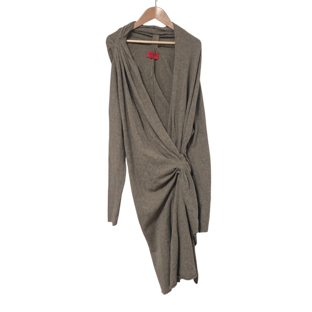ひざ丈ワンピース 美品 LANVIN ランバン ロングスリーブ カシュクール ドレープ ニットワンピース サイズ36 ブラウン系 レディース 古着  USED
