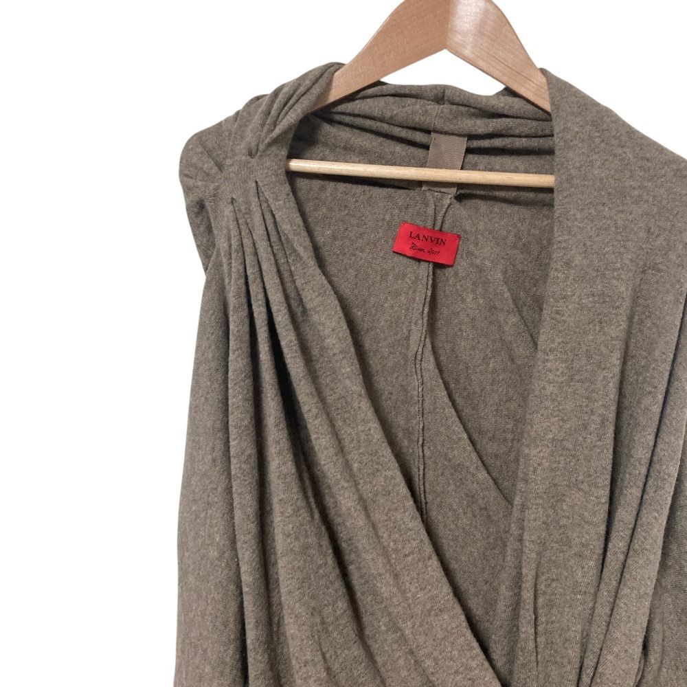 ひざ丈ワンピース 美品 LANVIN ランバン ロングスリーブ カシュクール ドレープ ニットワンピース サイズ36 ブラウン系 レディース 古着  USED