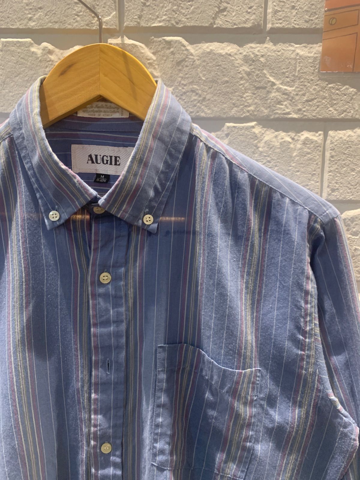 古着 M 長袖 シャツ ボタンダウン ストライプ ブルー AUGIE