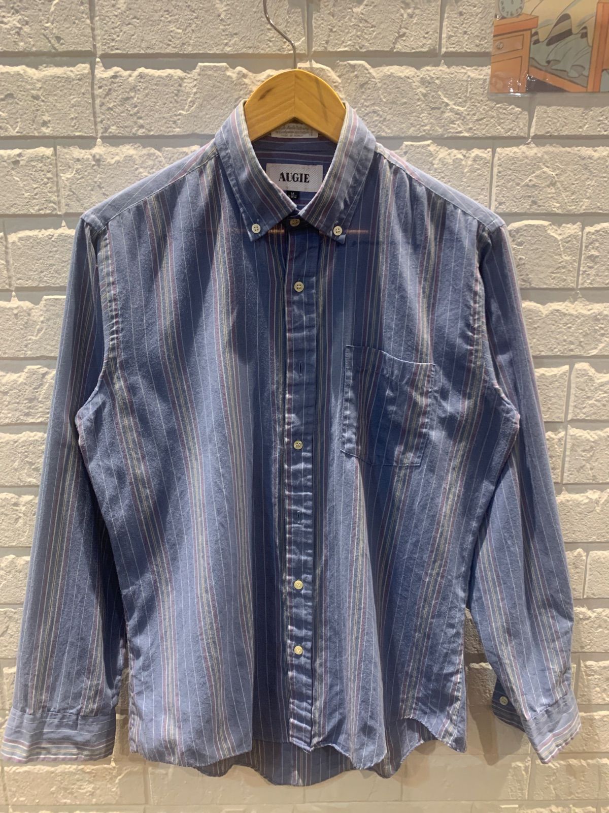 古着 M 長袖 シャツ ボタンダウン ストライプ ブルー AUGIE