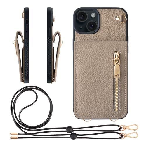 新品 HANATORA for iPhone 15Plus ケース 本革 スマホケース スマホショルダー カードポケット スタンド ショルダーストラップ 付き シュリンクカーフレザー コインケース 小銭入れ グレージュ SCPGGZ-15Plus-Grege