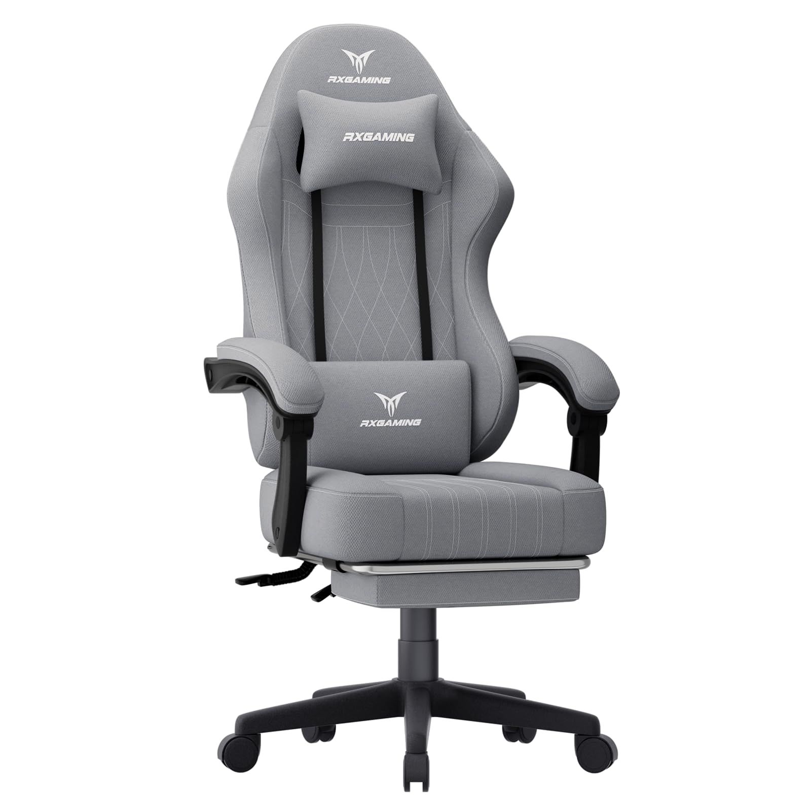 新品 RXGAMING ゲーミングチェア オフィスチェア イス 椅子 テレワーク 疲れない ファブリック デスクチェア オットマン付き ゲーム用チェア145°リクライニング パソコンチェア 座り心地よい テレワーク 収納便利 グレー