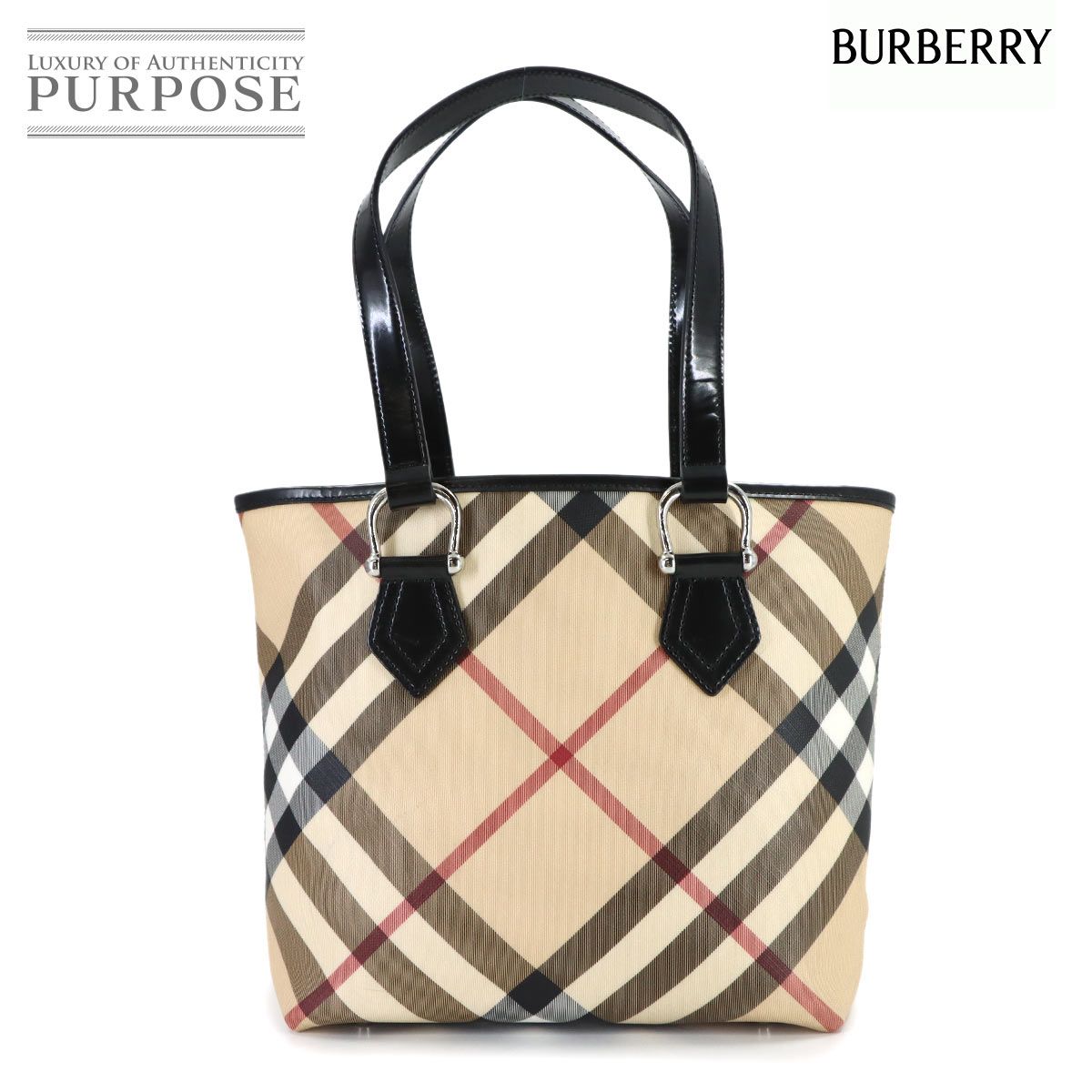 美品 バーバリー BURBERRY ハウスチェック トート バッグ PVC レザー 