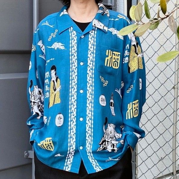 Eanbe イアンべ 日本製 SAKE L/S SHIRT 酒 ロングスリーブ アロハ