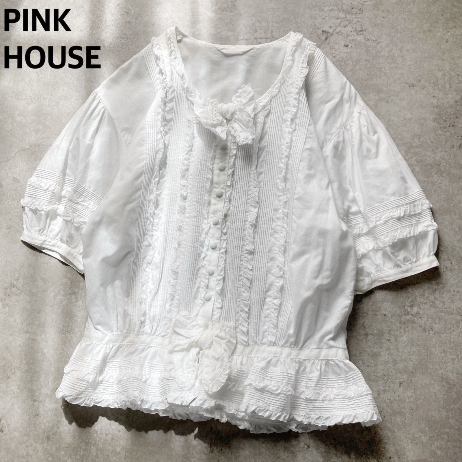 ピンクハウス PINK HOUSE 半袖ブラウス 五分袖 フリル りぼん リボン