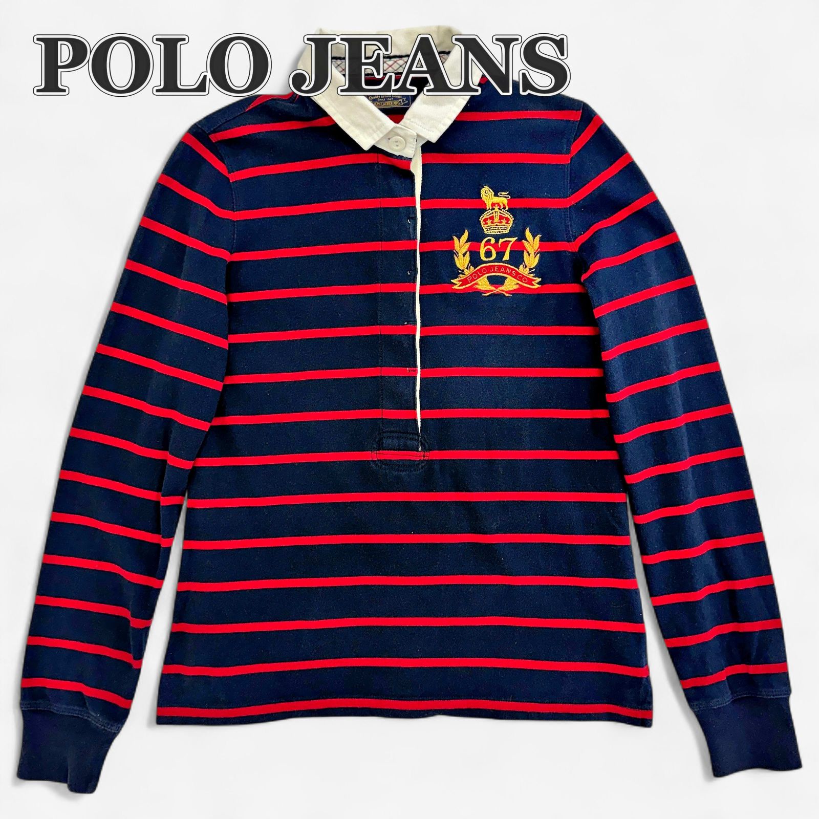 POLO JEANS ラガーシャツ L (M相当) ボーダー ネイビー 赤 刺繍ロゴ 