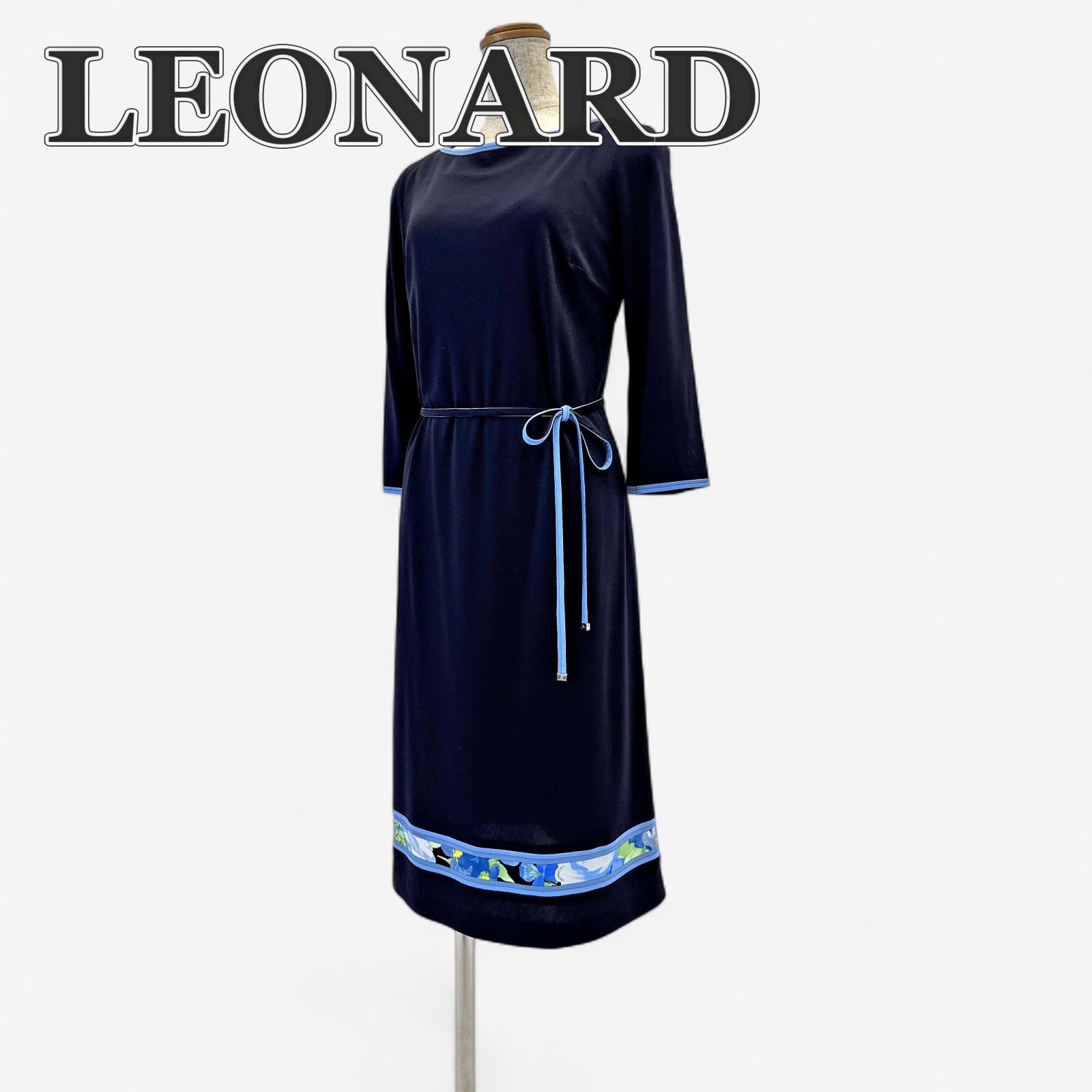 美品 LEONARD レオナール ワンピース 38 M クルーネック 七分袖 美品 LEONARD レオナール ワンピース 38 M クルーネック 七分袖