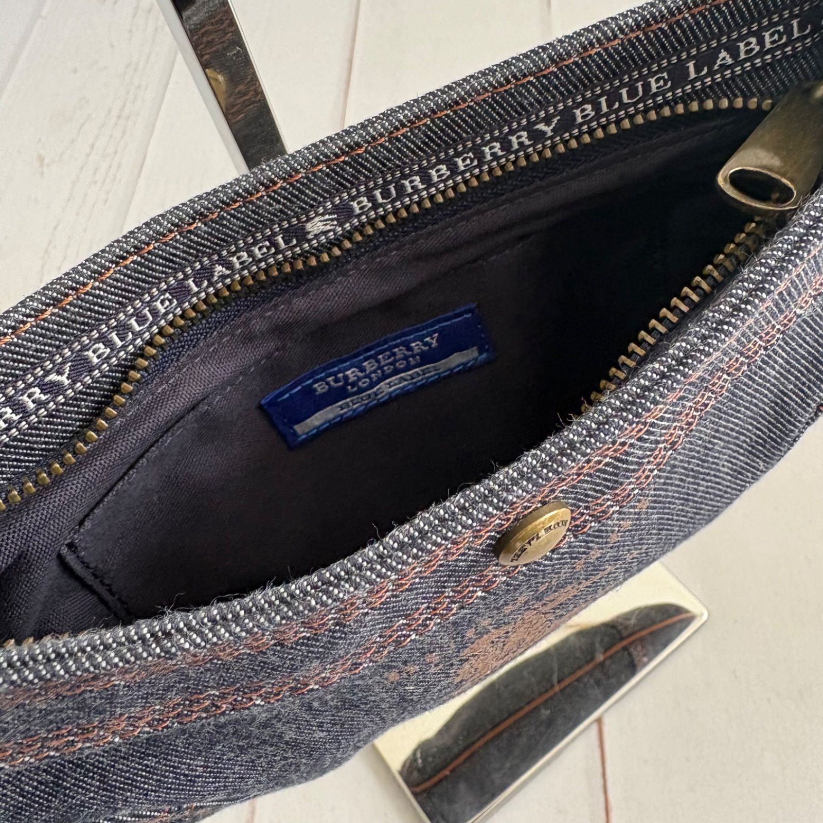 BURBERRY BLUE LABEL Denim hand Bag Baguette Knight Logo Vintage 