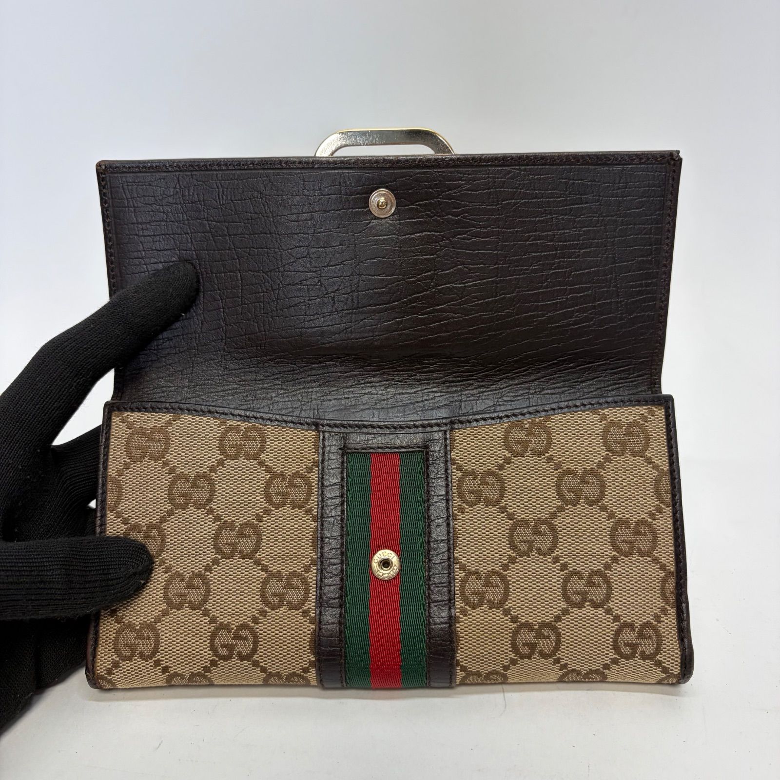 3856 GUCCI グッチ 長財布 キャンバス GG シェリーライン ダーク
