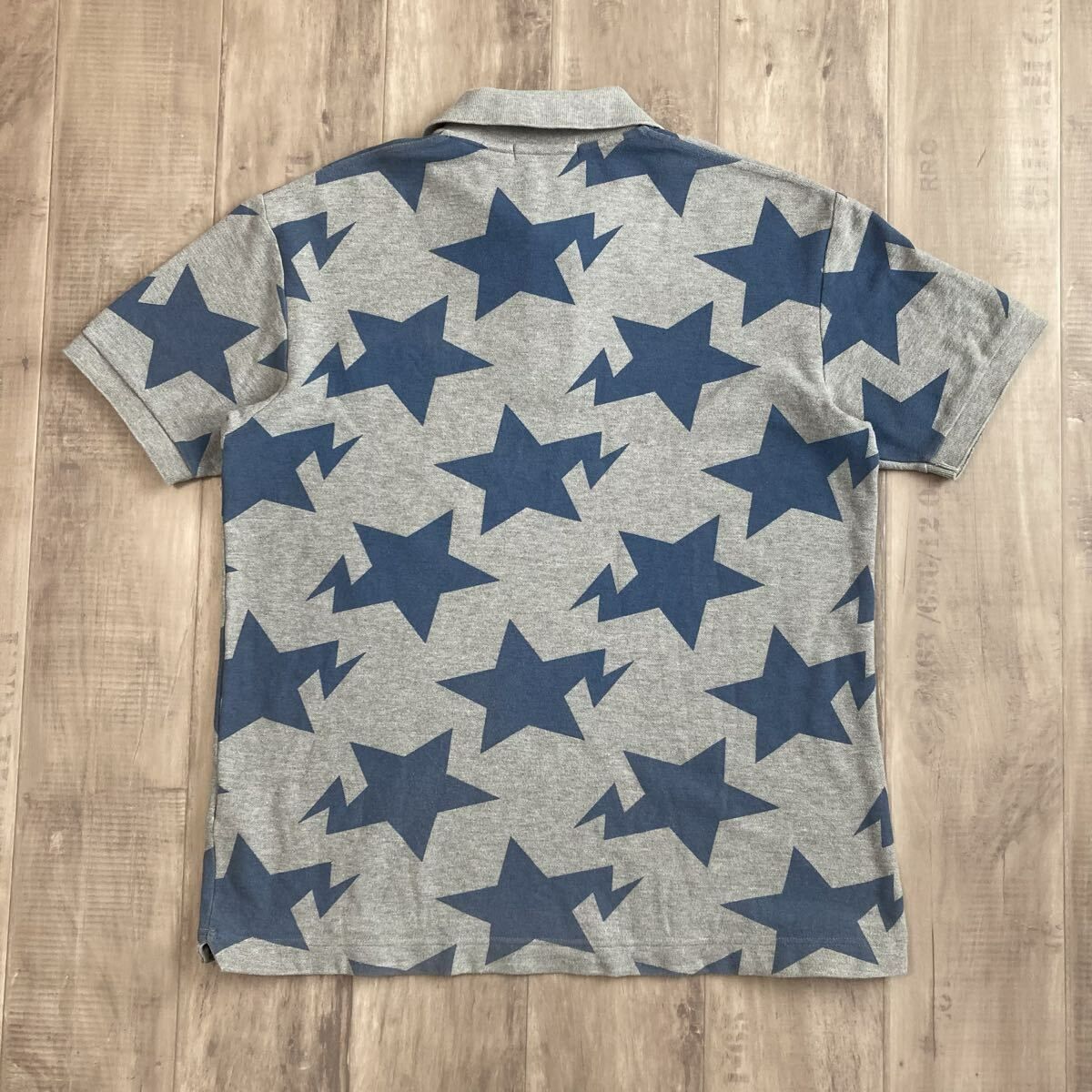 A BATHING APE スター柄 ポロシャツ グレー L BAPE スター ポロシャツ Lサイズ グレー × ブルー a bathing ape star