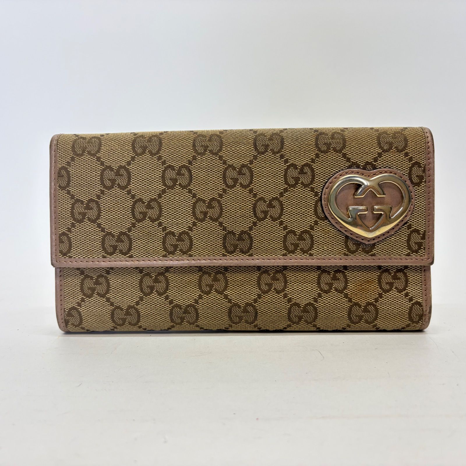 3910 GUCCI グッチ 長財布 キャンバス ハートロゴ GG ピンクベージュ 