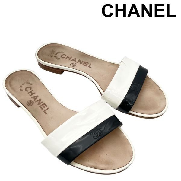 CHANEL ミュール ホワイト ココマーク ○□ シャネル CHANEL サンダル バイカラー フラット ミュール ココ