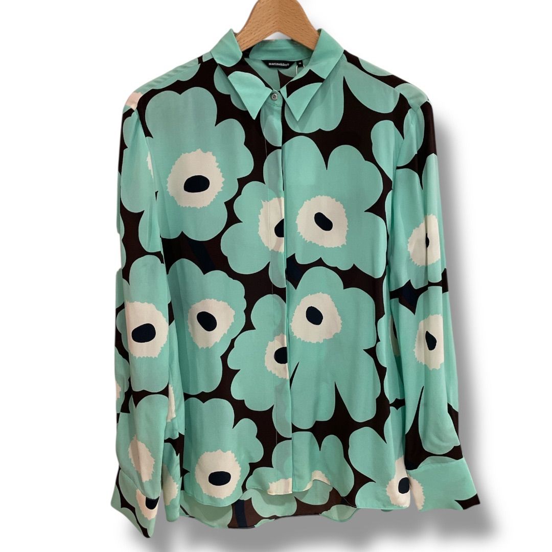 【ウニッコ】marimekko シルク100%ブラウス PAVOT 総柄 長袖 新品 未使用 タグ付き marimekko マリメッコ ウニッコ柄シルクシャツ