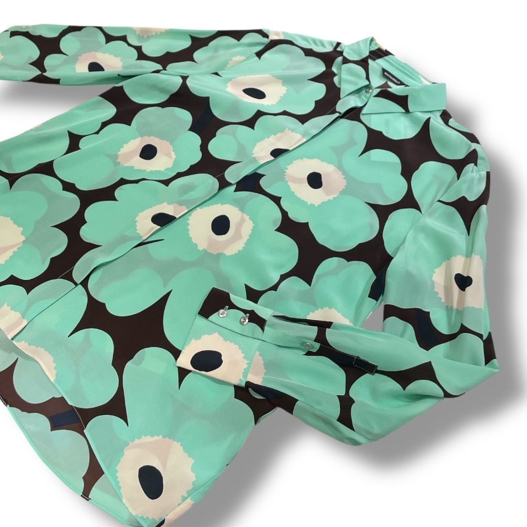 【ウニッコ】marimekko シルク100%ブラウス PAVOT 総柄 長袖 新品 未使用 タグ付き marimekko マリメッコ ウニッコ柄シルクシャツ