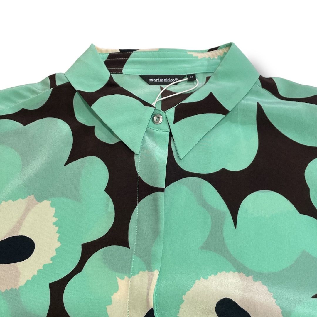 【ウニッコ】marimekko シルク100%ブラウス PAVOT 総柄 長袖 新品 未使用 タグ付き marimekko マリメッコ ウニッコ柄シルクシャツ