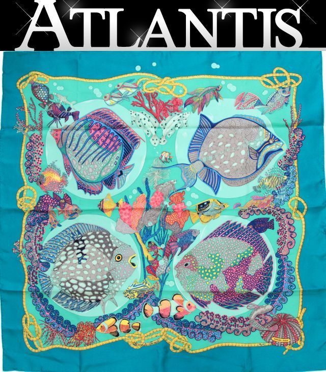 美品 エルメス HERMES カレ90 Grands Fonds 深海 大判スカーフ 魚