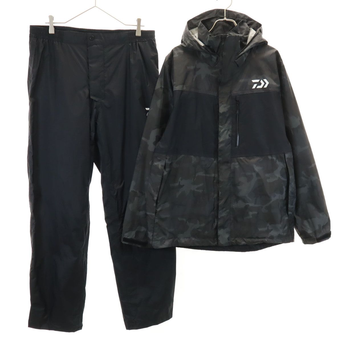 古着 Daiwa ダイワ カモフラ柄 レインジャケット 上下 セットアップ L ブラック メンズ Daiwa ダイワ カモフラ柄 レインジャケット 上下 セットアップ L
