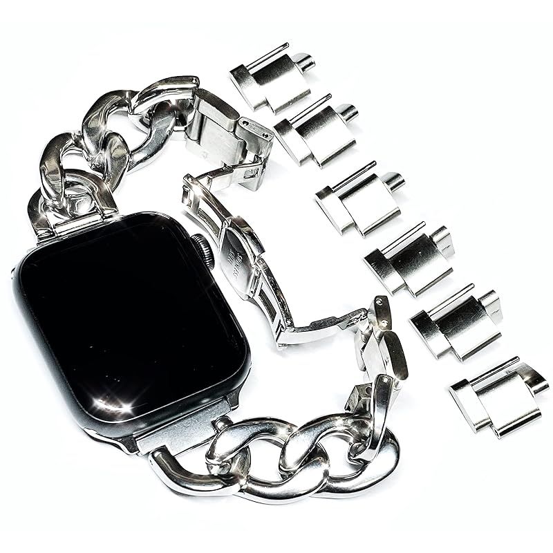 【新品】 Royce&Roland Apple watch 高級 バンドチェーン (バタフライバックル/ステンレス シルバー) 長さ調整 工具不要/アップルウォッチ 鎖 ベルト (40mm 41mm 42mm) レディース メンズ/ギフト プレゼント (S 1