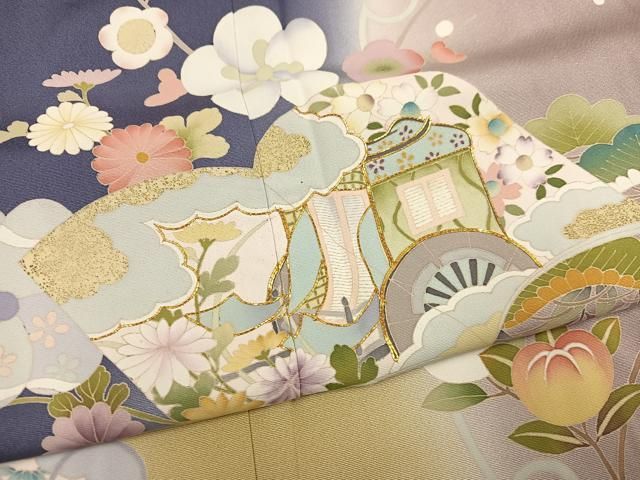 平和屋着物●訪問着　友禅　駒刺繍　御所車花冊子文　暈し染め　金彩　正絹　逸品　AABG7097ph 平和屋着物○訪問着 友禅 駒刺繍 御所車花冊子文 暈し染め 金彩 正絹