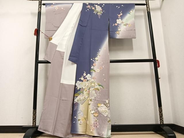 平和屋着物●訪問着　友禅　駒刺繍　御所車花冊子文　暈し染め　金彩　正絹　逸品　AABG7097ph 平和屋着物○訪問着 友禅 駒刺繍 御所車花冊子文 暈し染め 金彩 正絹