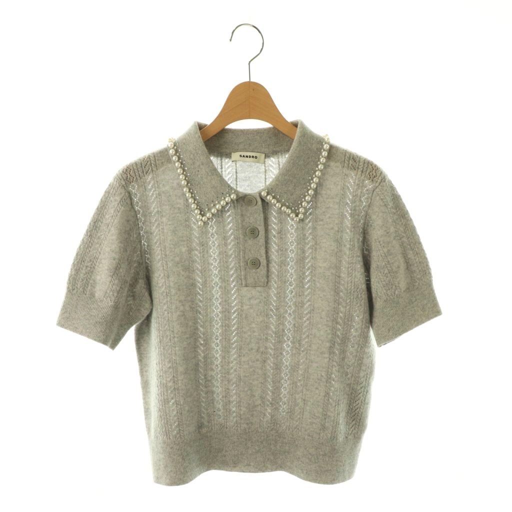 SANDRO サンドロ パール 半袖ニット ポロニット サンドロ SANDRO ポロニット フェイクパール ビジュー 半袖 3 グレー