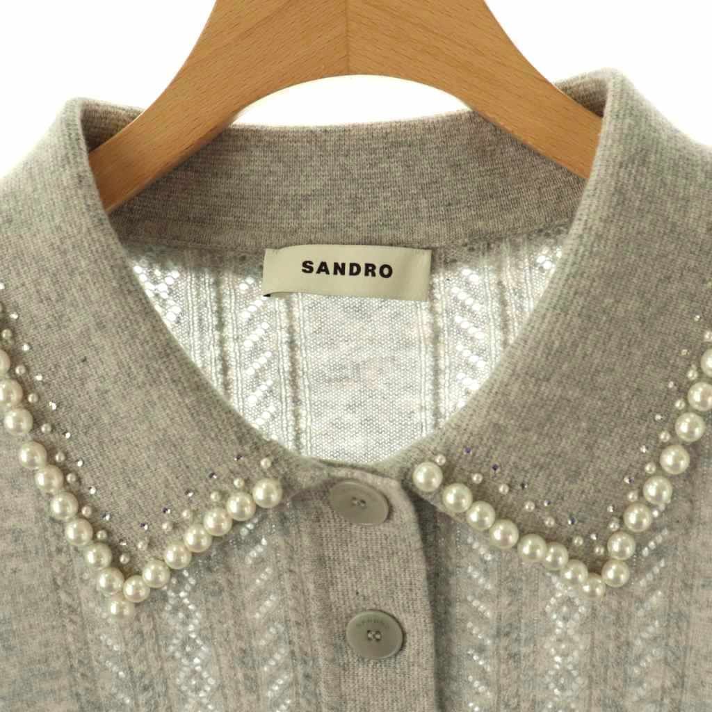 SANDRO サンドロ パール 半袖ニット ポロニット サンドロ SANDRO ポロニット フェイクパール ビジュー 半袖 3 グレー
