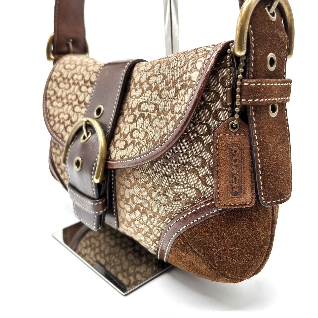 美品】COACH Y2K micro signature canvas suede beige brown gold 