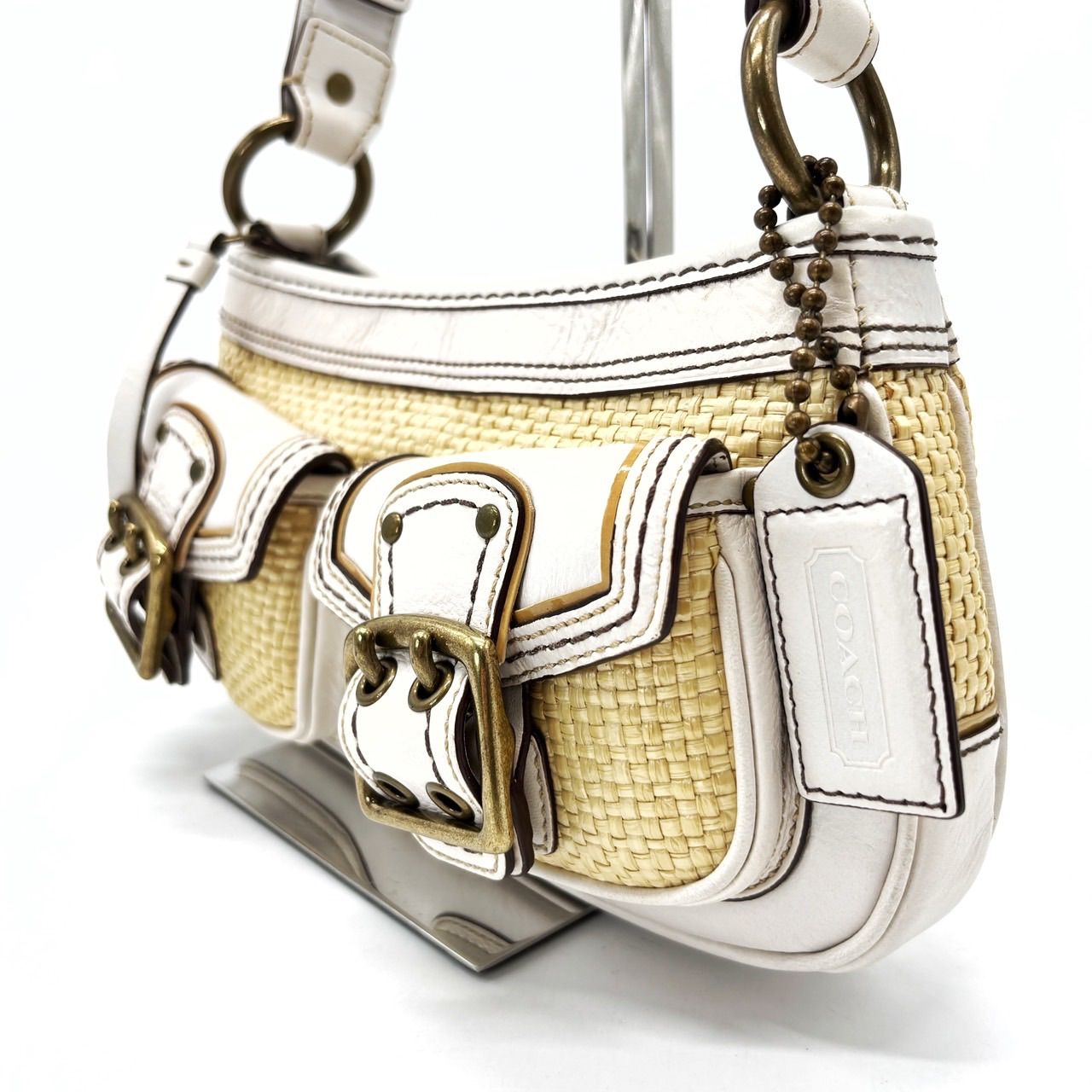 良品】COACH Y2K straw white leather mulch belt pocket shoulder bag 