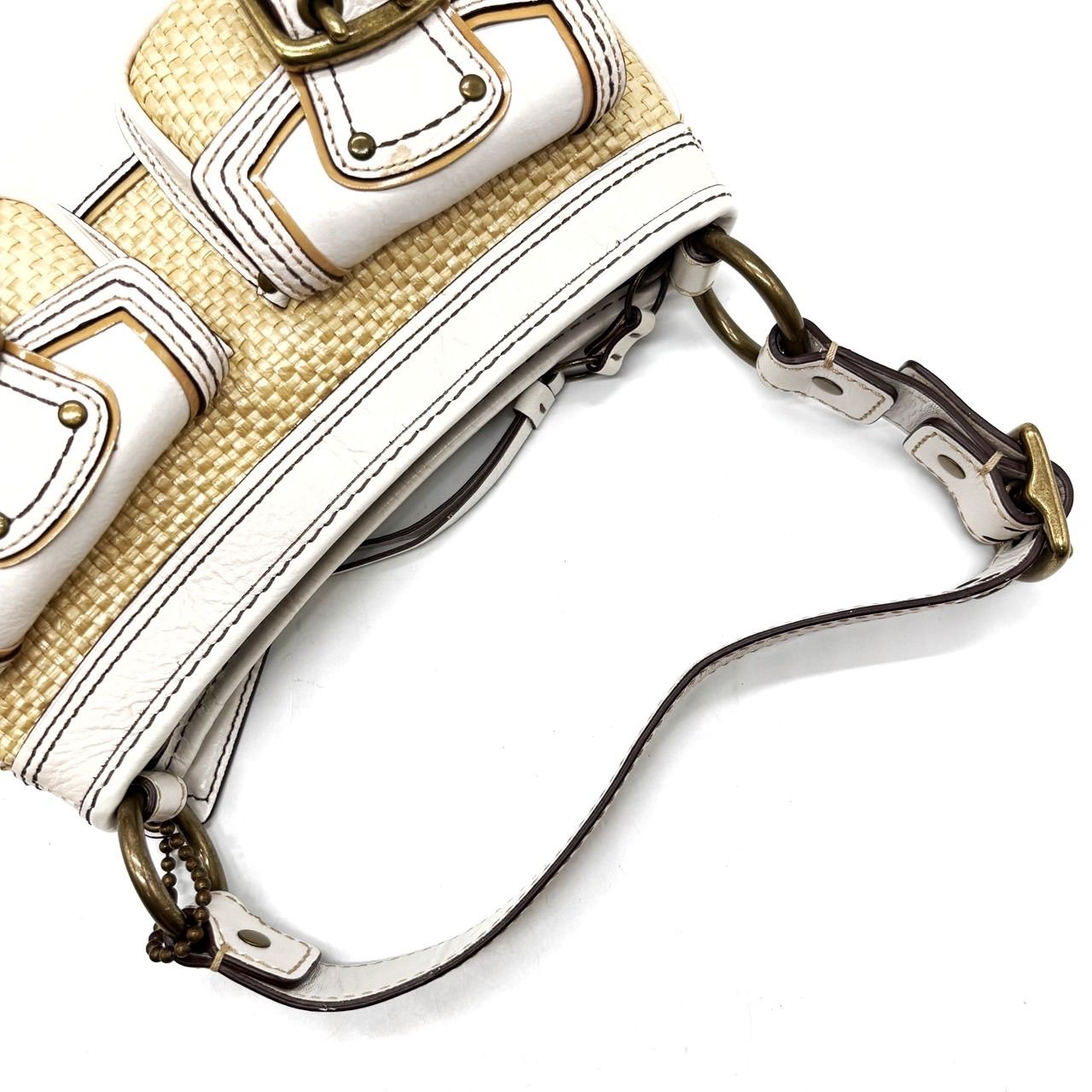 良品】COACH Y2K straw white leather mulch belt pocket shoulder bag 
