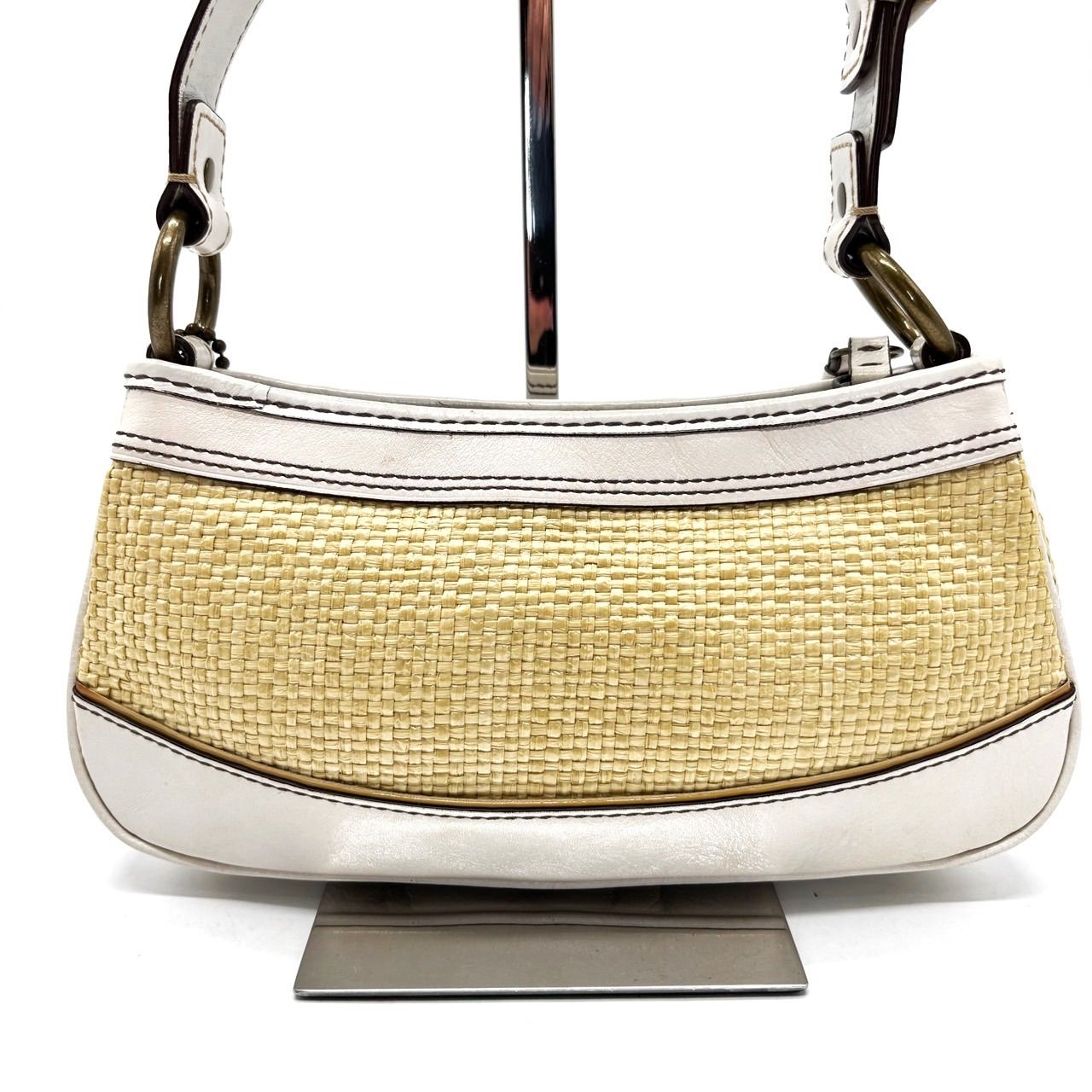 良品】COACH Y2K straw white leather mulch belt pocket shoulder bag 