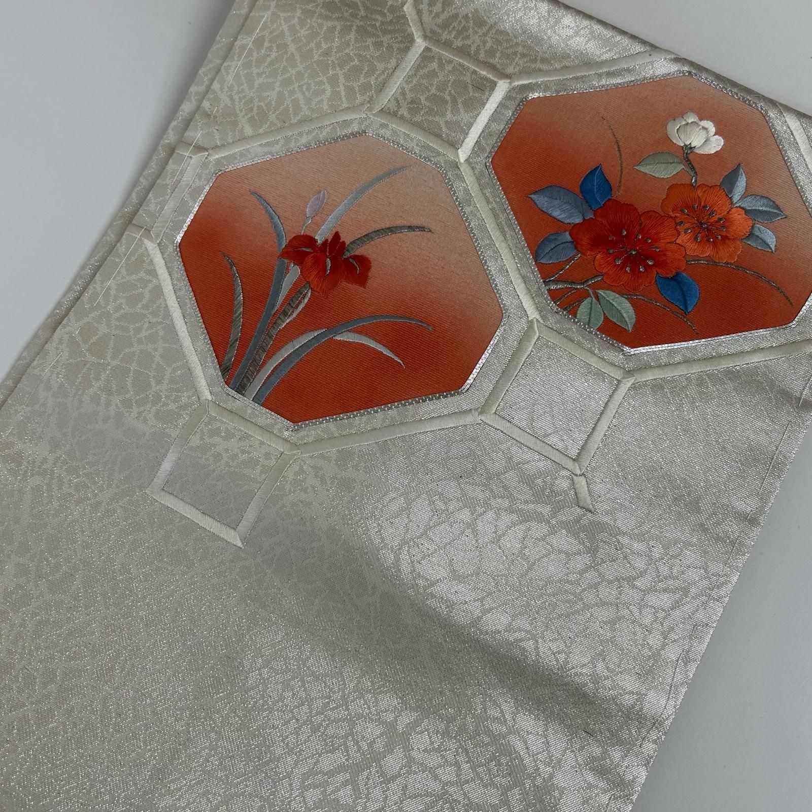 名古屋帯 正絹 銀駒刺繍 花草刺繍 九寸 MA-5199 - メルカリ