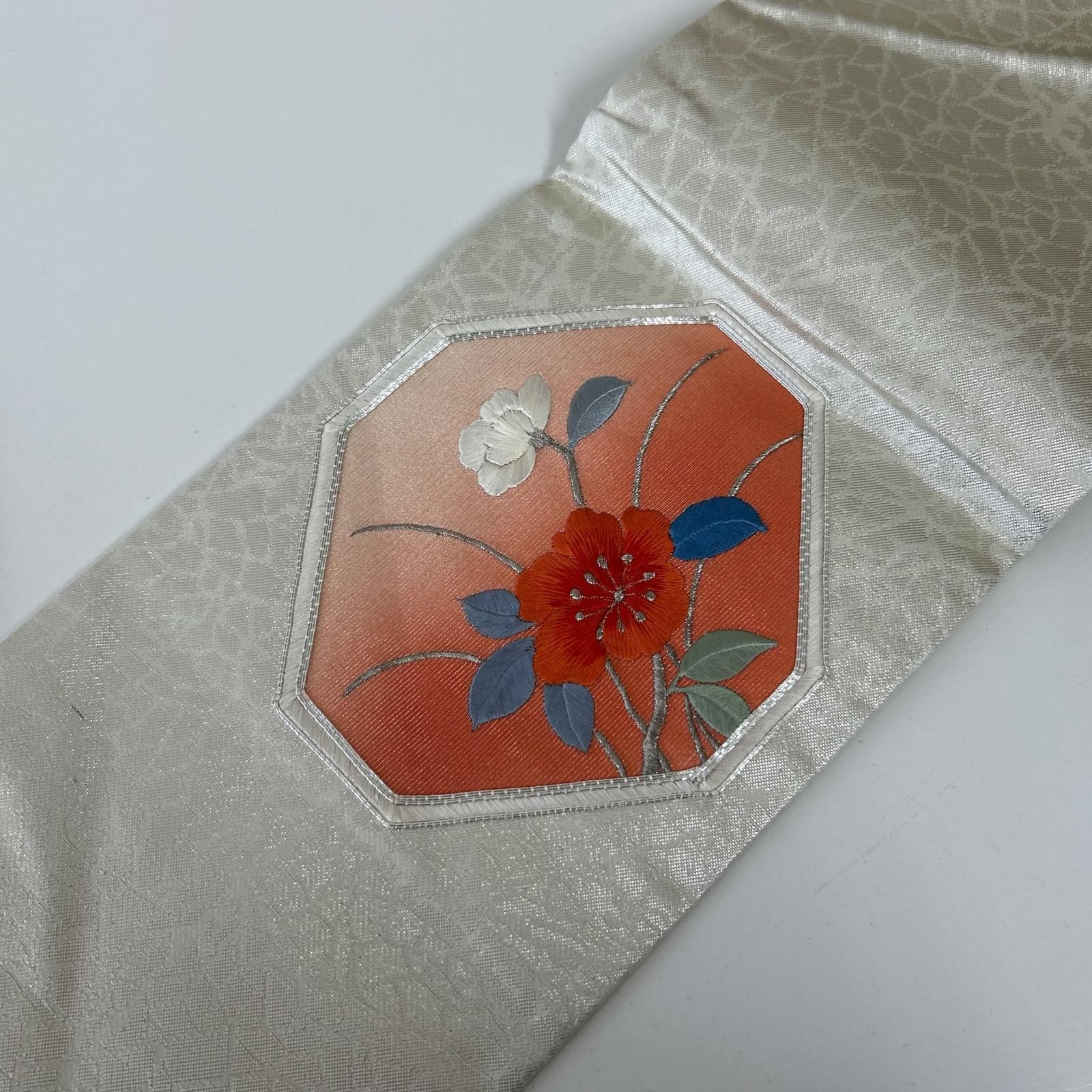 名古屋帯 正絹 銀駒刺繍 花草刺繍 九寸 MA-5199 - メルカリ