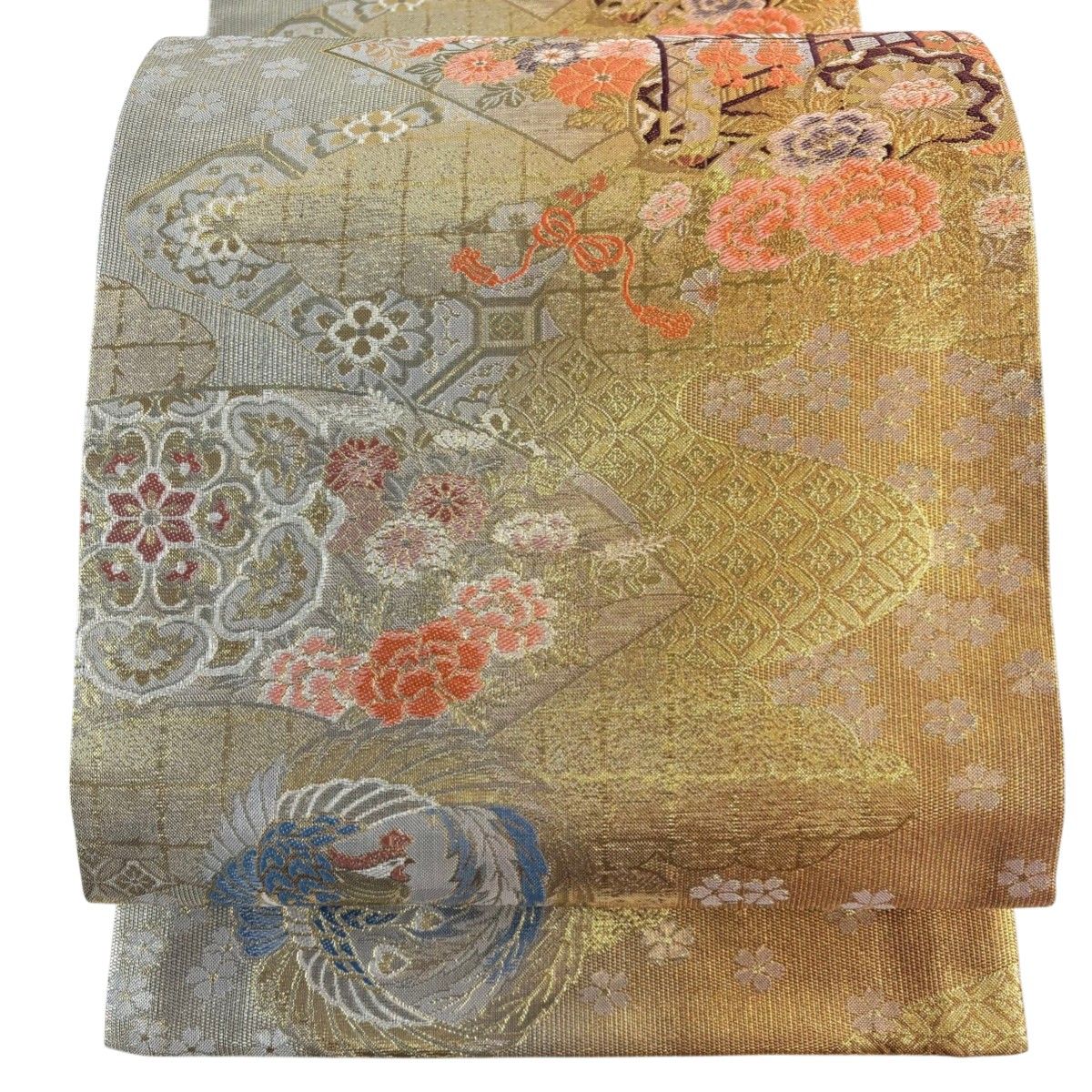 美品】 袋帯 秀品 御所車 鳳凰 箔 金銀糸 金色 六通 正絹 【中古 美品】 袋帯 秀品 御所車 鳳凰 箔 金銀糸 金色 六通 正絹 【中古
