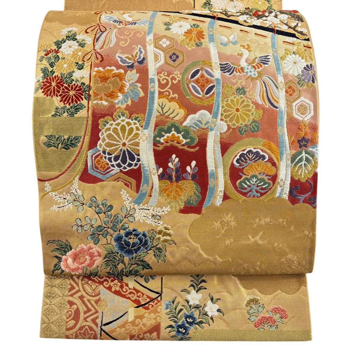 直営通販サイトです 袋帯 美品 秀品 全通全景乃図 几帳に花鳥文 箔