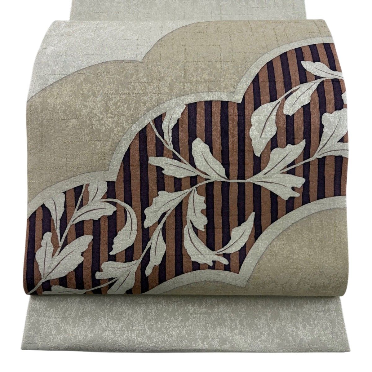 【美品】 開き名古屋帯 秀品 葉 縞 抹茶色 正絹 【】