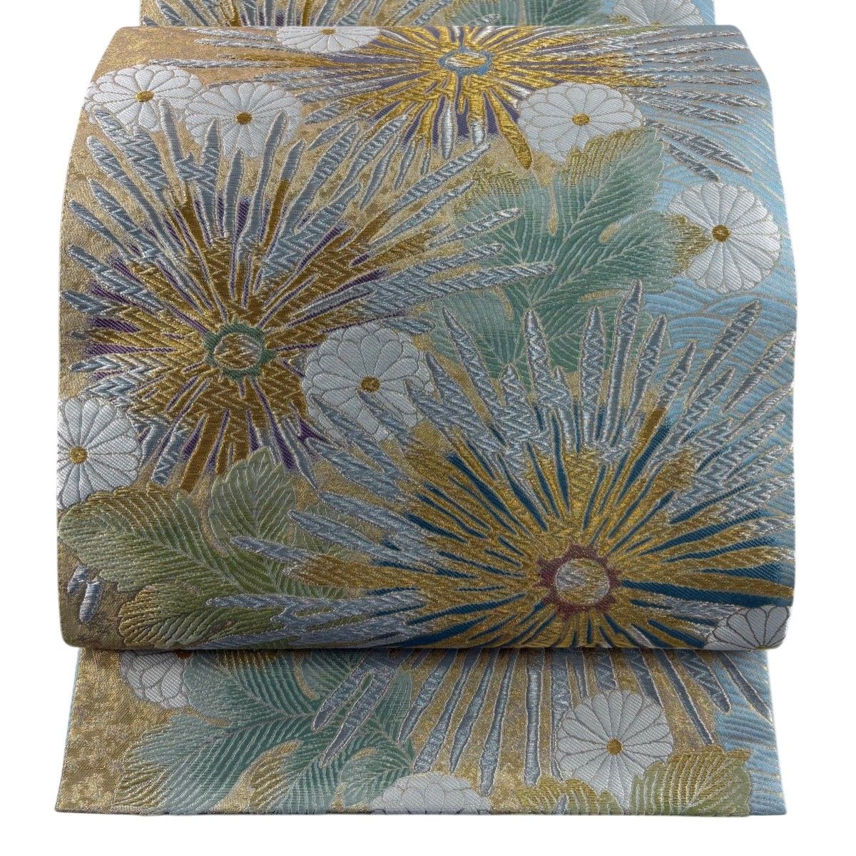 美品】 袋帯 秀品 錦彩煌彩糸菊文 金銀糸 刺繍 水色 六通 正絹 美品】 袋帯 秀品 錦彩煌彩糸菊文 金銀糸 刺繍 水色 六通 正絹