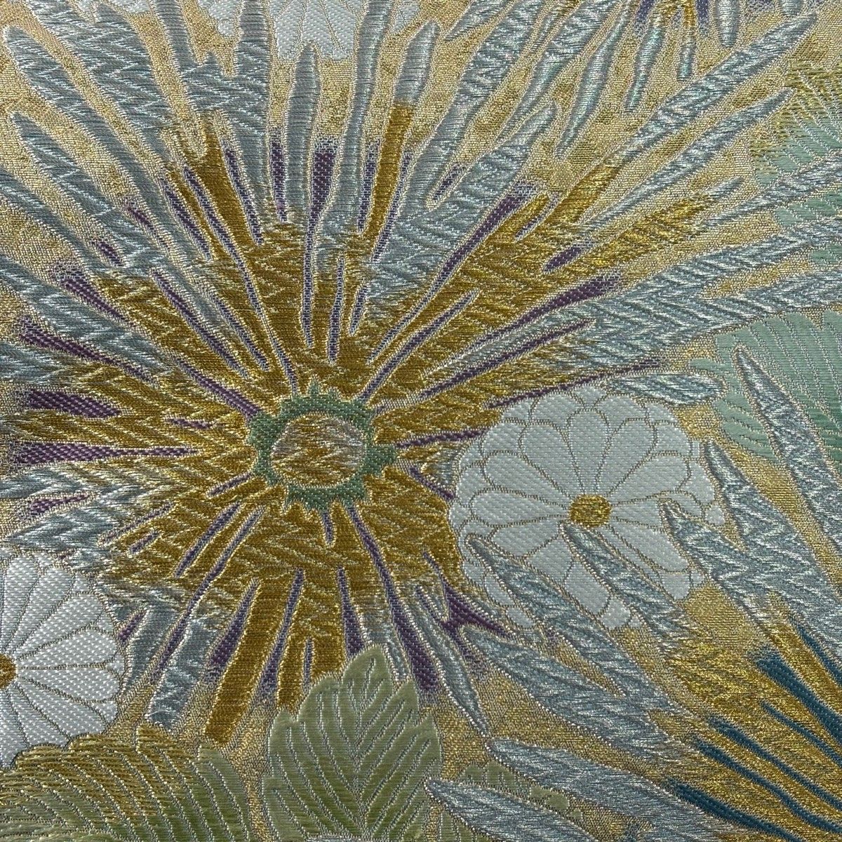 美品】 袋帯 秀品 錦彩煌彩糸菊文 金銀糸 刺繍 水色 六通 正絹 美品】 袋帯 秀品 錦彩煌彩糸菊文 金銀糸 刺繍 水色 六通 正絹