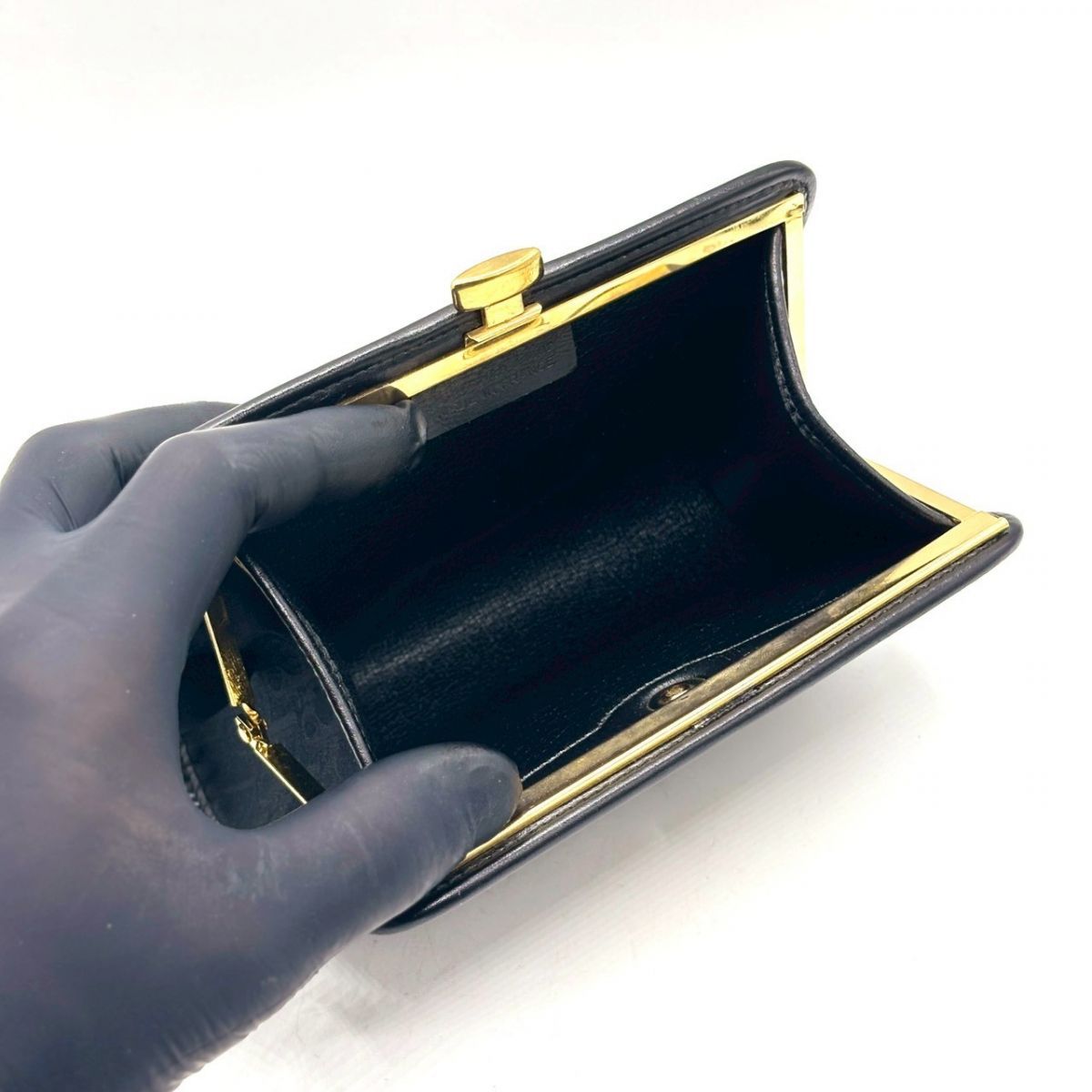 黒で纏う色気】 Christian Dior ポーチ がま口 トロッター柄 ゴールド 