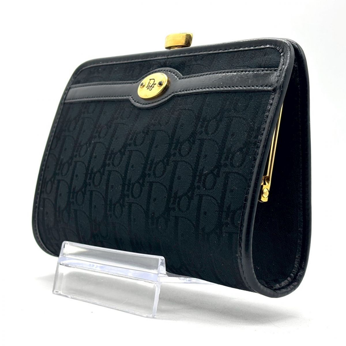 黒で纏う色気】 Christian Dior ポーチ がま口 トロッター柄 ゴールド
