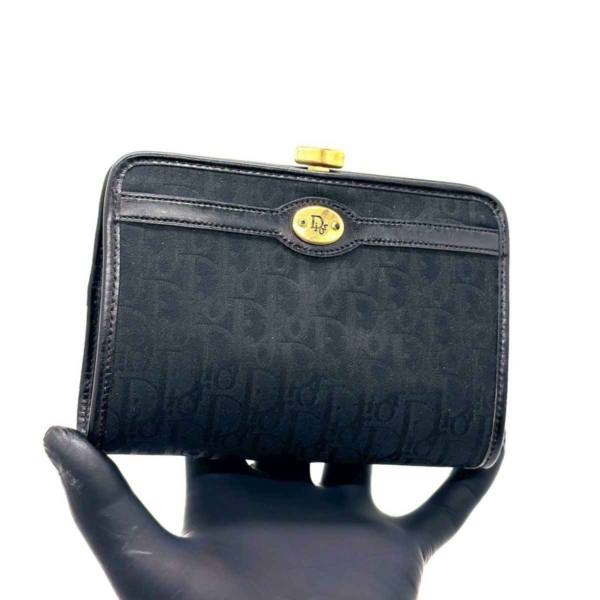 黒で纏う色気】 Christian Dior ポーチ がま口 トロッター柄 ゴールド