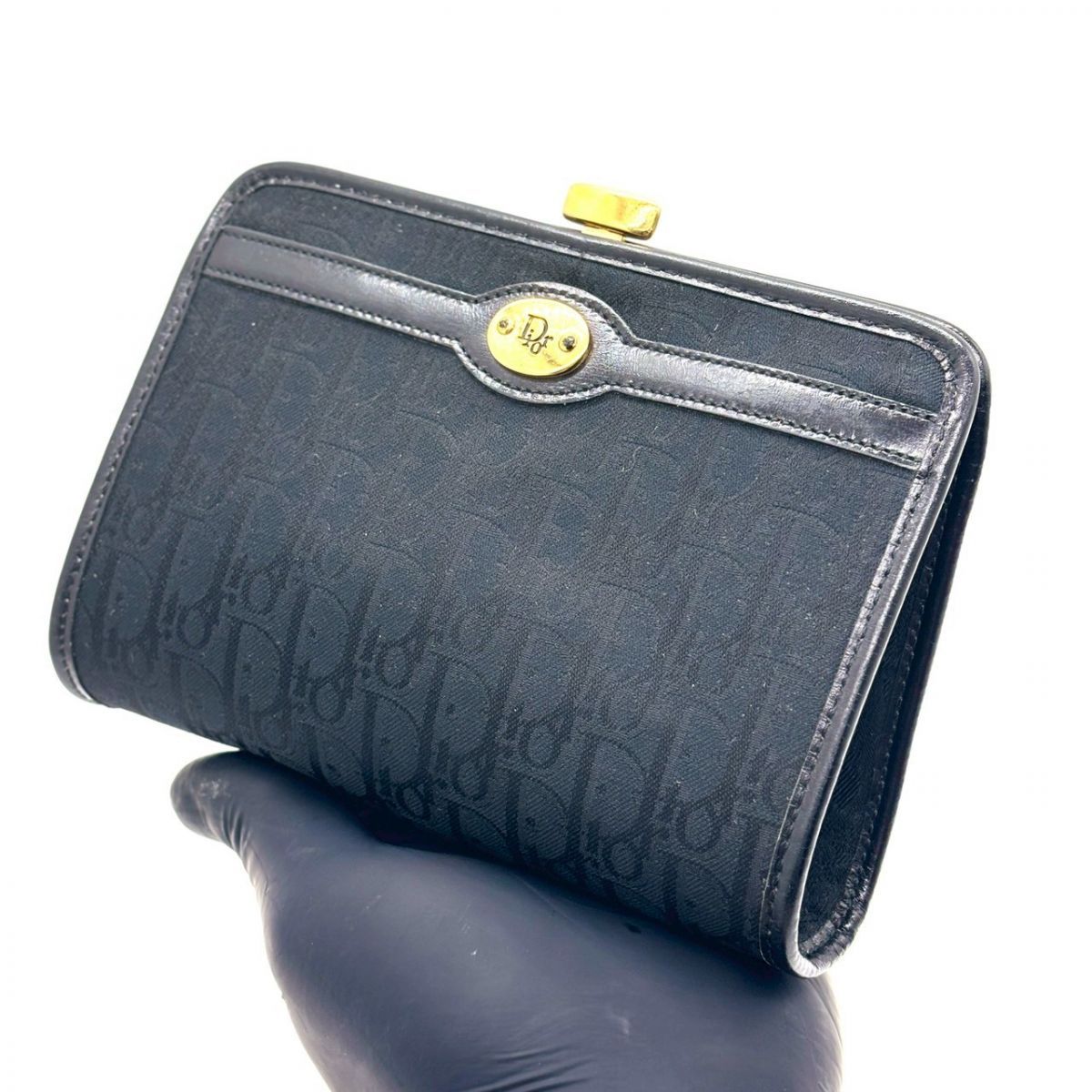 黒で纏う色気】 Christian Dior ポーチ がま口 トロッター柄 ゴールド