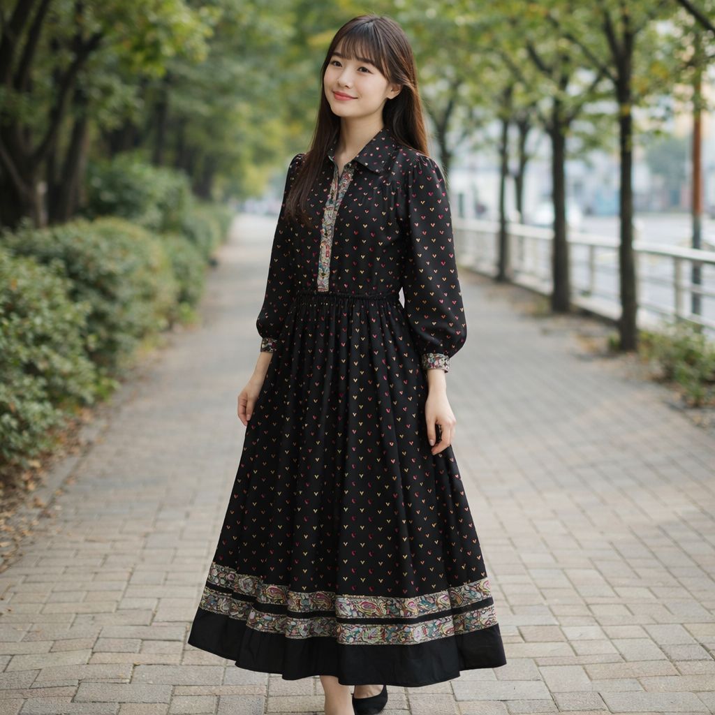 昭和レトロ ブラックベース小花柄×ペイズリー切替ロングワンピース 長袖11号 昭和レトロ ブラックベース小花柄×ペイズリー切替ロングワンピース