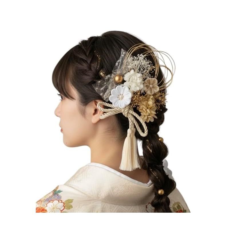 Lomeri ロメリ【８色展開】髪飾り 12点セット つまみ細工 ちりめん 成人式 卒業式 結婚式 振袖 (白ゴールド)A414 1